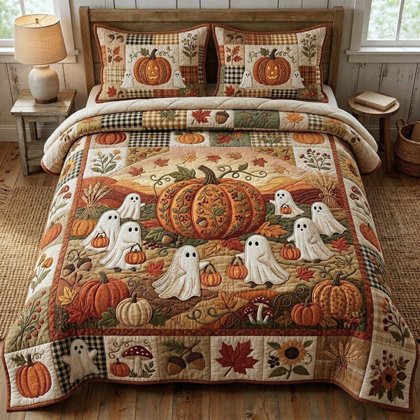 Ghost With Pumpkin quilted 3-piece bedding set on a made bed against a dark styled interior