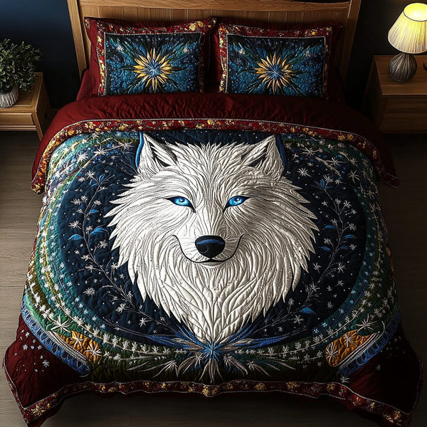 Ghost Wolf quilted 3-piece bedding set on a made bed against a dark styled interior