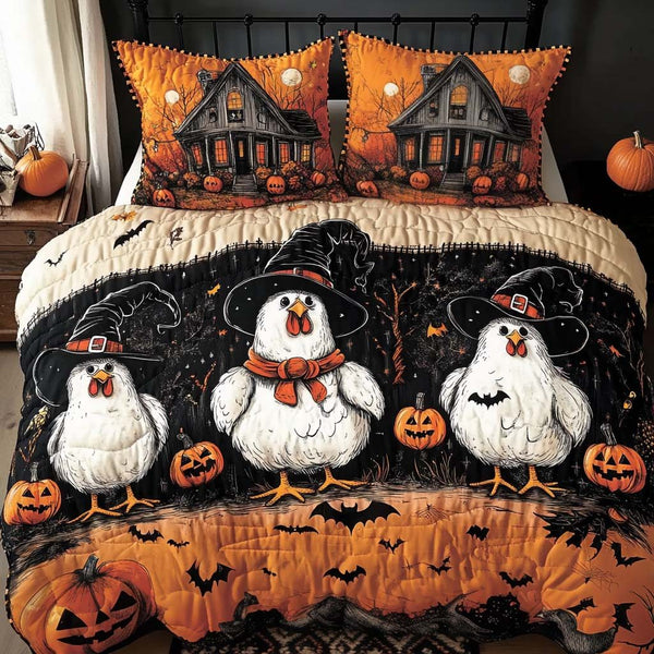Ghostly Autumn Eve quilted 3-piece bedding set on a made bed against a dark styled interior