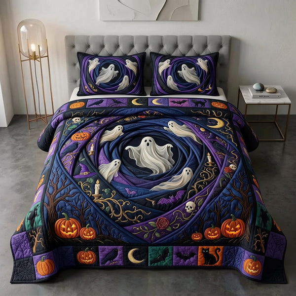 Ghostly Charm quilted 3-piece bedding set on a made bed against a dark styled interior
