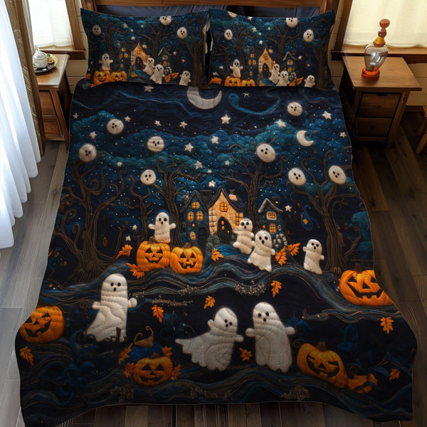 Ghostly Garden quilted 3-piece bedding set on a made bed against a dark styled interior