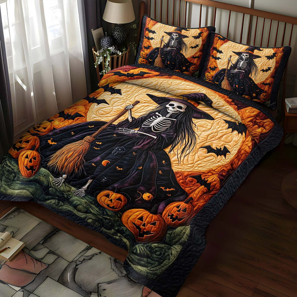 Ghostly Gathering quilted 3-piece bedding set on a made bed against a dark styled interior
