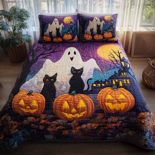 Ghostly Giggles quilted 3-piece bedding set on a made bed against a dark styled interior