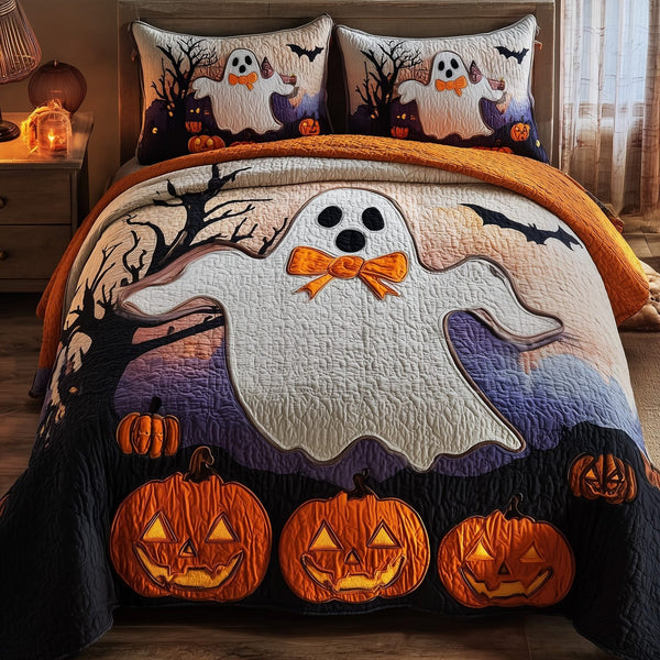 Ghostly Giggles quilted 3-piece bedding set on a made bed against a dark styled interior