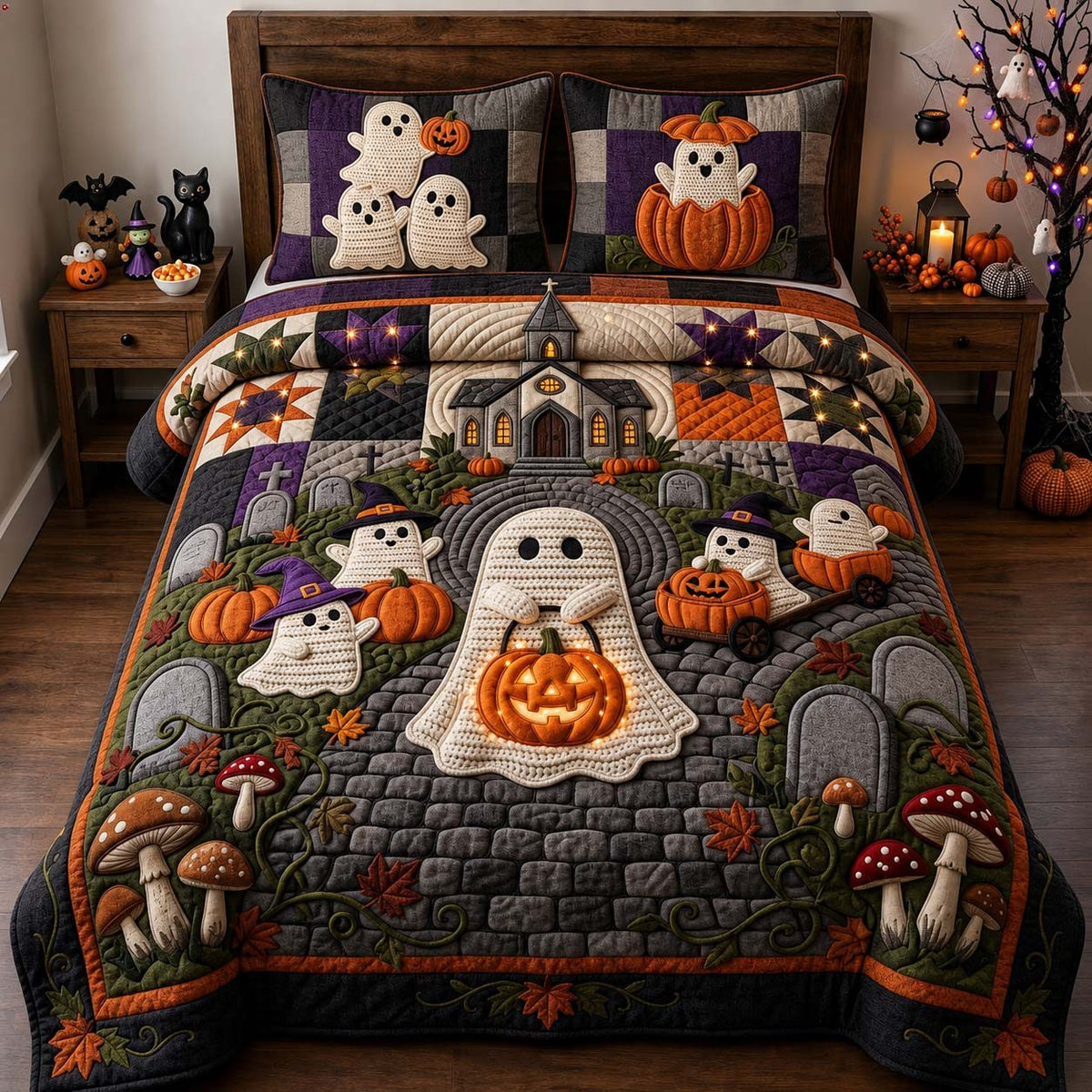 Ghostly Graveyard Nights quilted 3-piece bedding set on a made bed against a dark styled interior