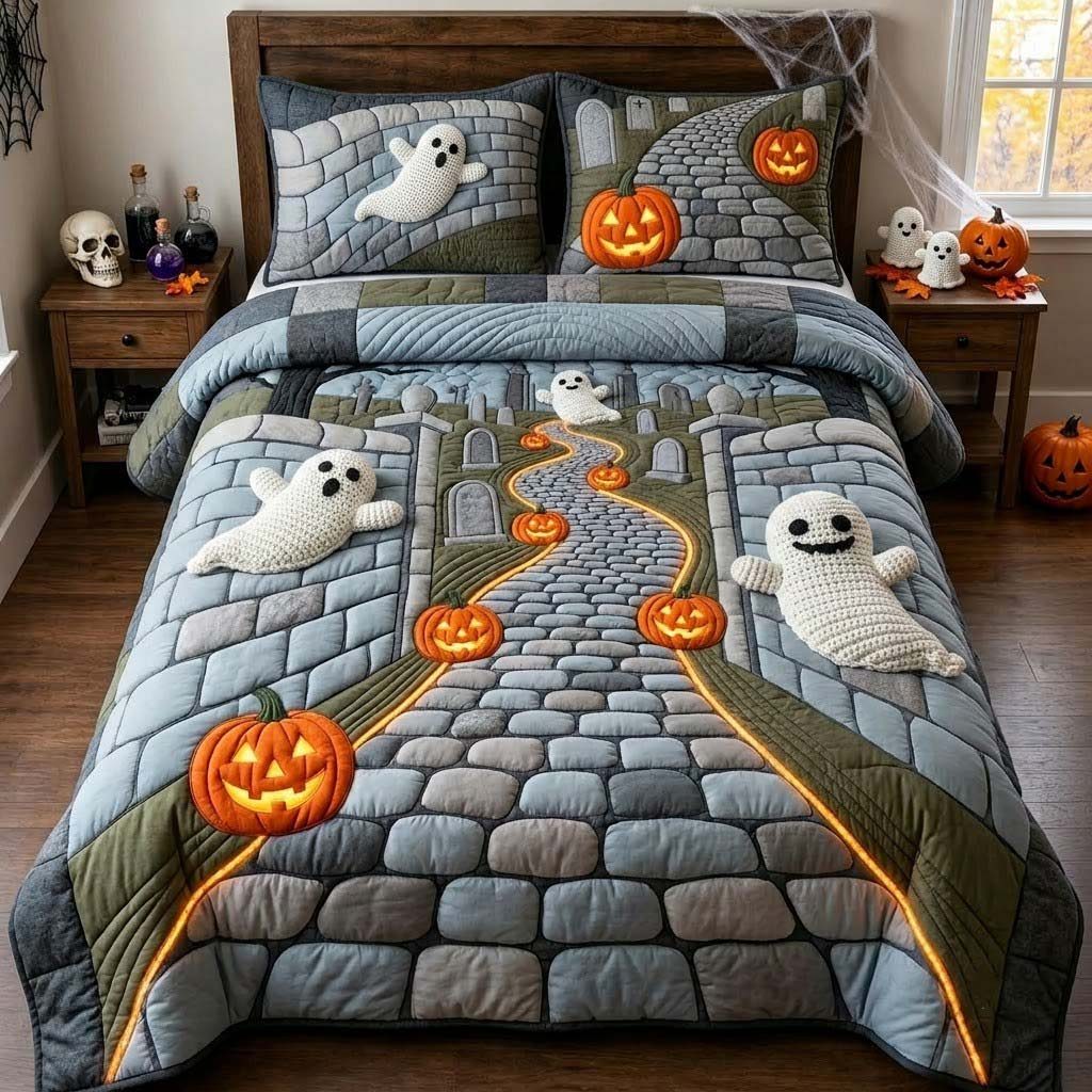 Ghostly Graveyard Nights quilted 3-piece bedding set on a made bed against a dark styled interior