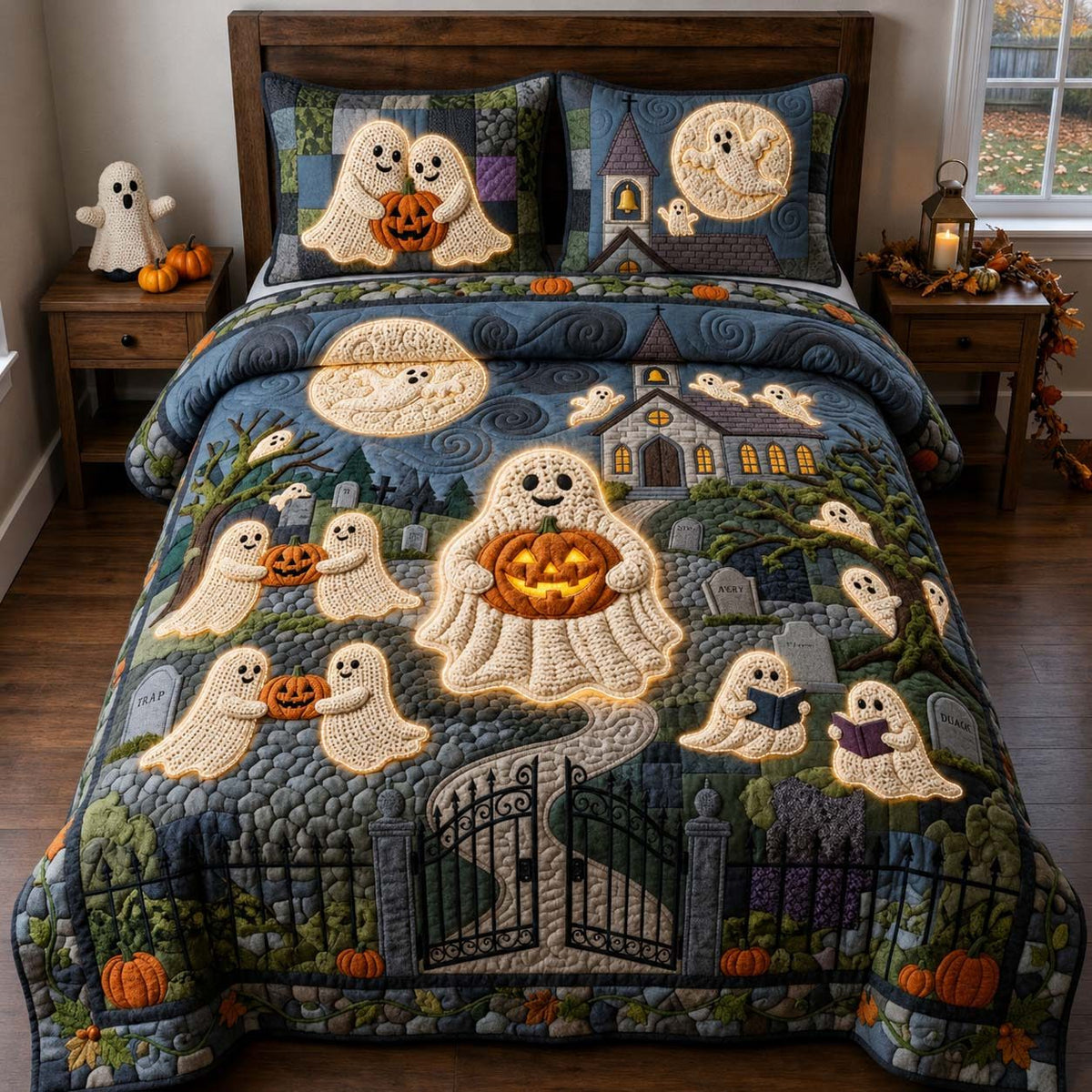 Ghostly Graveyard Nights quilted 3-piece bedding set on a made bed against a dark styled interior