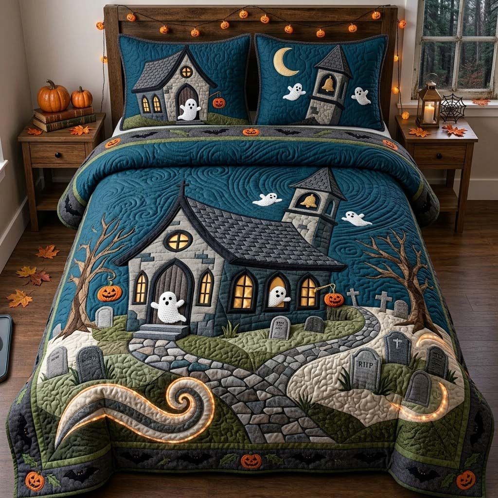 Ghostly Graveyard Nights quilted 3-piece bedding set on a made bed against a dark styled interior