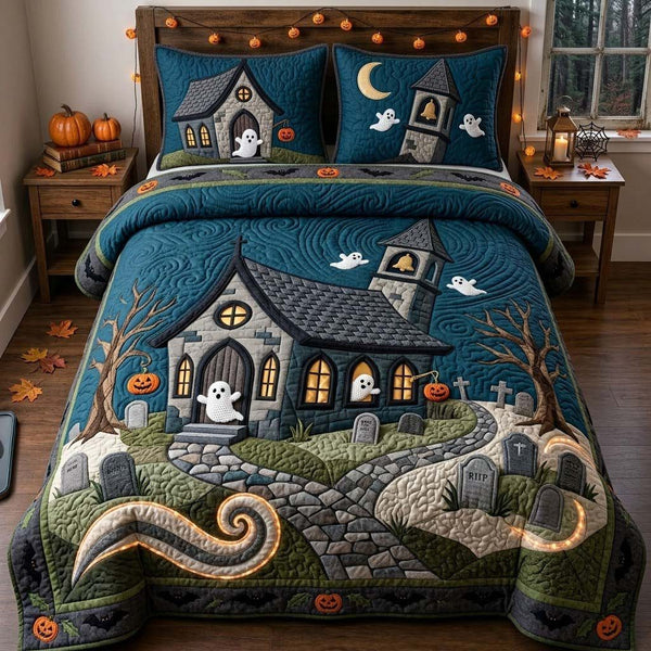 Ghostly Graveyard Nights quilted 3-piece bedding set on a made bed against a dark styled interior