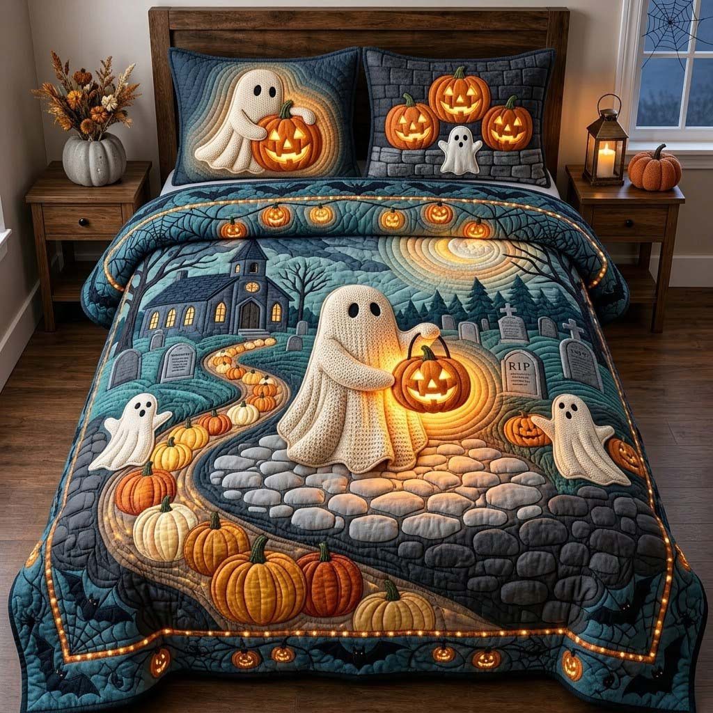 Ghostly Graveyard Nights quilted 3-piece bedding set on a made bed against a dark styled interior