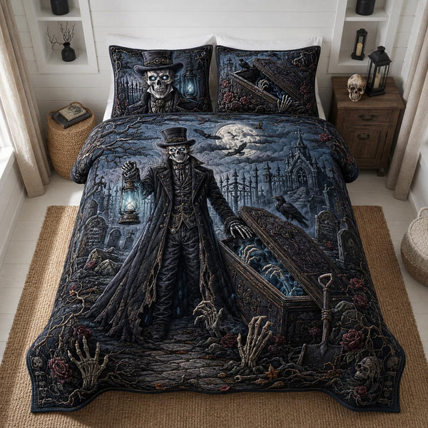 Ghostly Hollow quilted 3-piece bedding set on a made bed against a dark styled interior