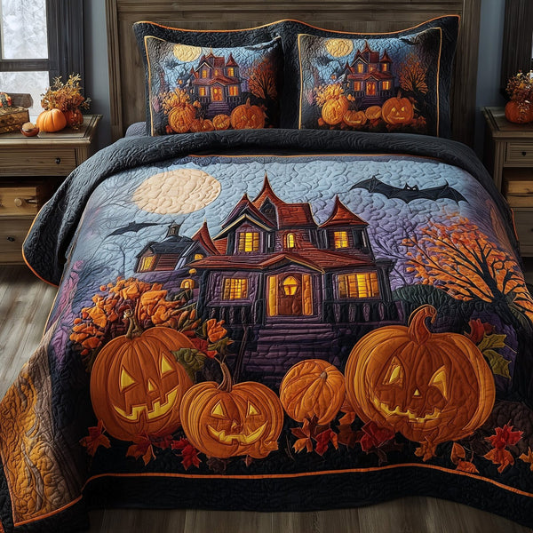 Ghostly Nights quilted 3-piece bedding set on a made bed against a dark styled interior