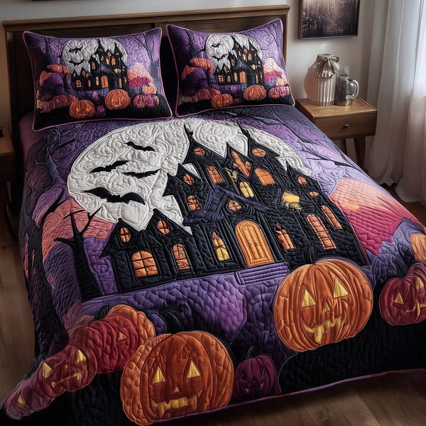 Ghostly Nights quilted 3-piece bedding set on a made bed against a dark styled interior