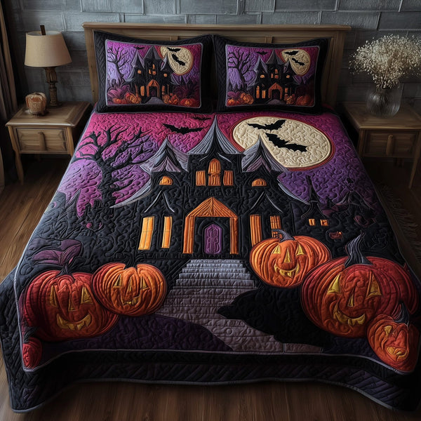 Ghostly Nights quilted 3-piece bedding set on a made bed against a dark styled interior