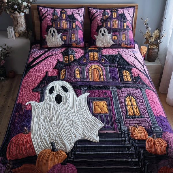 Ghostly Nights quilted 3-piece bedding set on a made bed against a dark styled interior