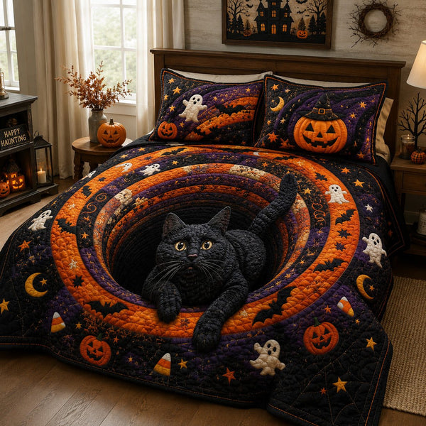 Ghostly Pounce quilted 3-piece bedding set on a made bed against a dark styled interior