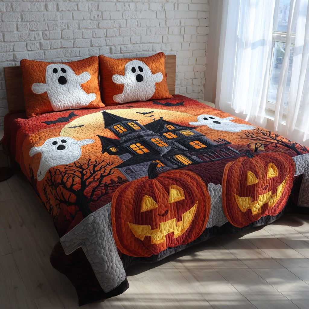 Ghostly Pumpkin Patch quilted 3-piece bedding set on a made bed against a dark styled interior