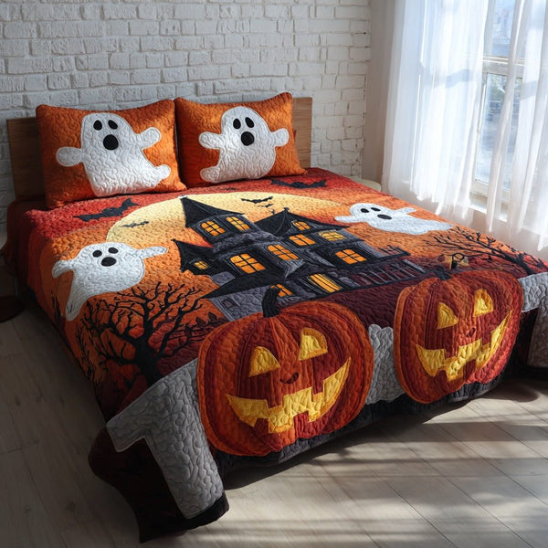 Ghostly Pumpkin Patch quilted 3-piece bedding set on a made bed against a dark styled interior