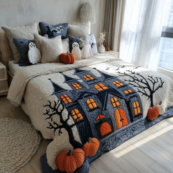 Ghostly Pumpkin Village quilted 3-piece bedding set on a made bed against a dark styled interior