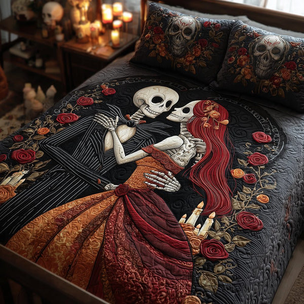 Ghostly Romance quilted 3-piece bedding set on a made bed against a dark styled interior