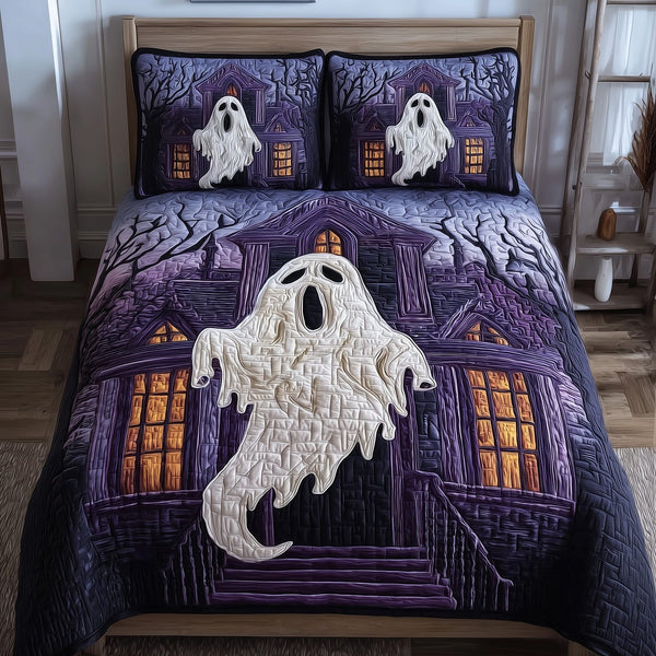 Ghostly Slumber quilted 3-piece bedding set on a made bed against a dark styled interior