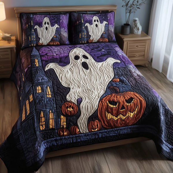 Ghostly Slumber quilted 3-piece bedding set on a made bed against a dark styled interior