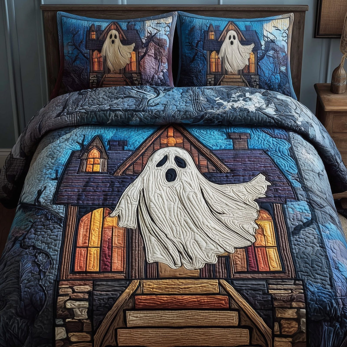 Ghostly Slumber quilted 3-piece bedding set on a made bed against a dark styled interior
