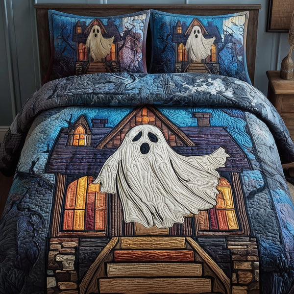 Ghostly Slumber quilted 3-piece bedding set on a made bed against a dark styled interior