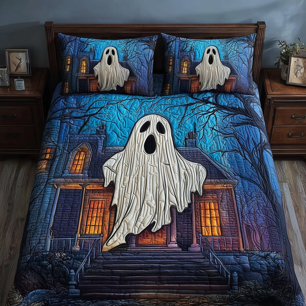 Ghostly Slumber quilted 3-piece bedding set on a made bed against a dark styled interior