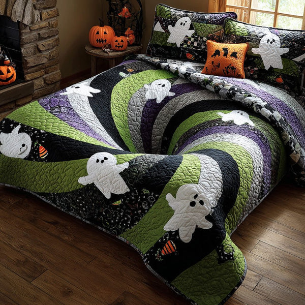 Ghostly Vortex quilted 3-piece bedding set on a made bed against a dark styled interior