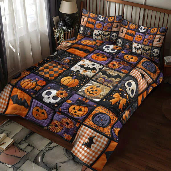 Ghoulish Halloween quilted 3-piece bedding set on a made bed against a dark styled interior