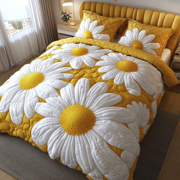 Giant Daisy Glow quilted 3-piece bedding set on a made bed with two matching pillow shams