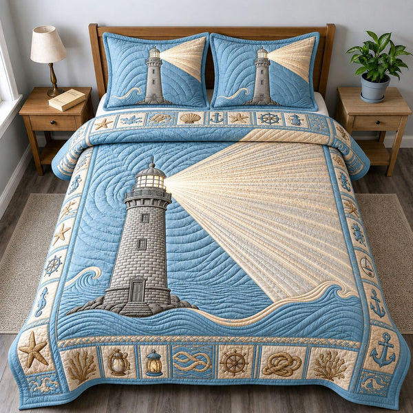 Giant Lighthouse Beacon quilted 3-piece bedding set on a made bed in a light coastal bedroom