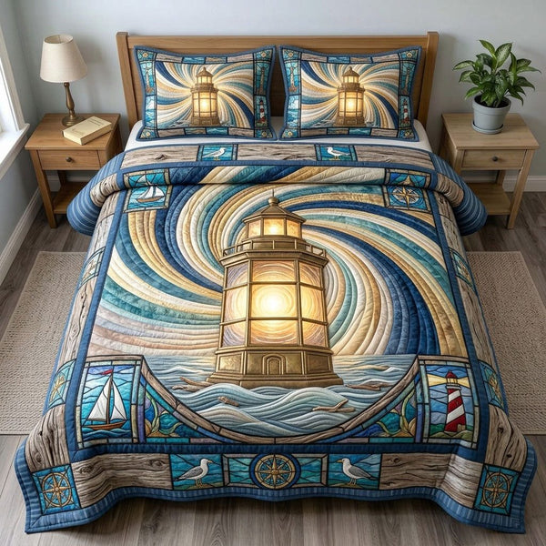 Giant Lighthouse Lantern quilted 3-piece bedding set on a made bed in a light coastal bedroom