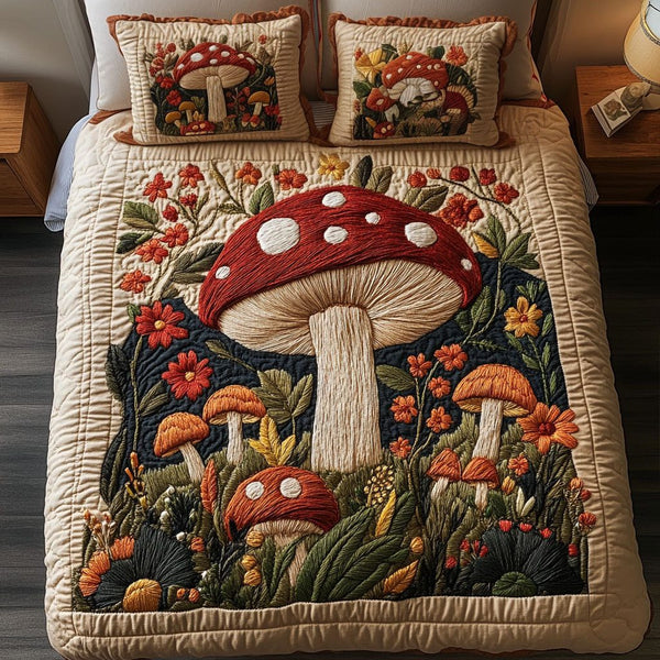 Giant Mushroom Dreams quilted 3-piece bedding set on a made bed with two matching pillow shams