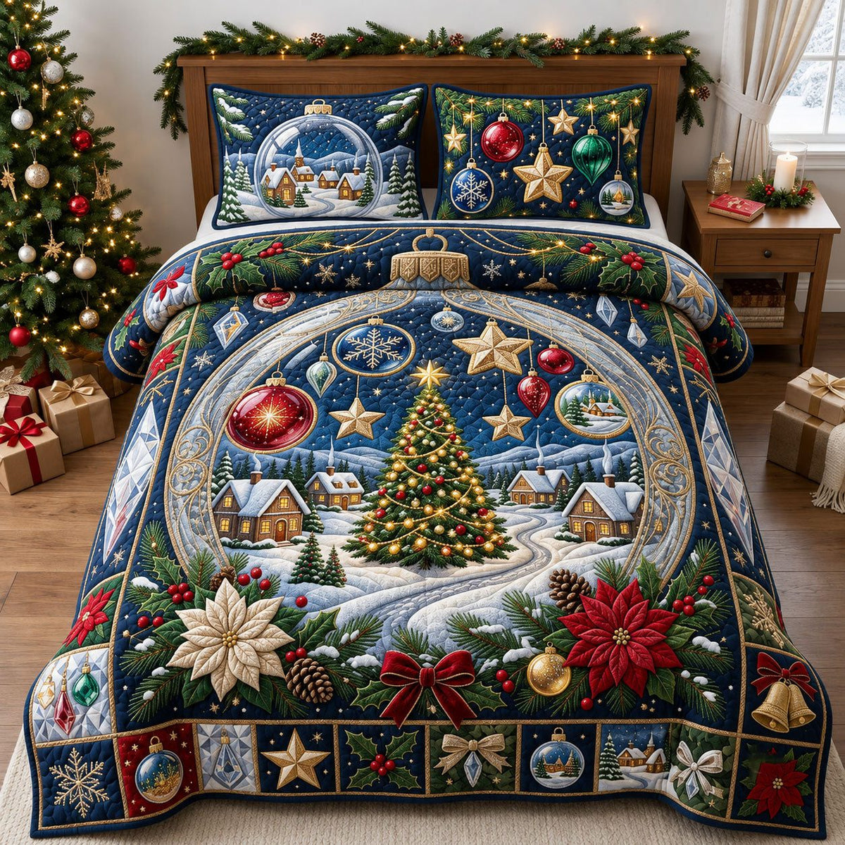 Giant Ornament quilted 3-piece bedding set on a made bed with two matching pillow shams