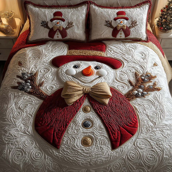 Giant Snowman quilted 3-piece bedding set on a made bed in a winter-styled bedroom