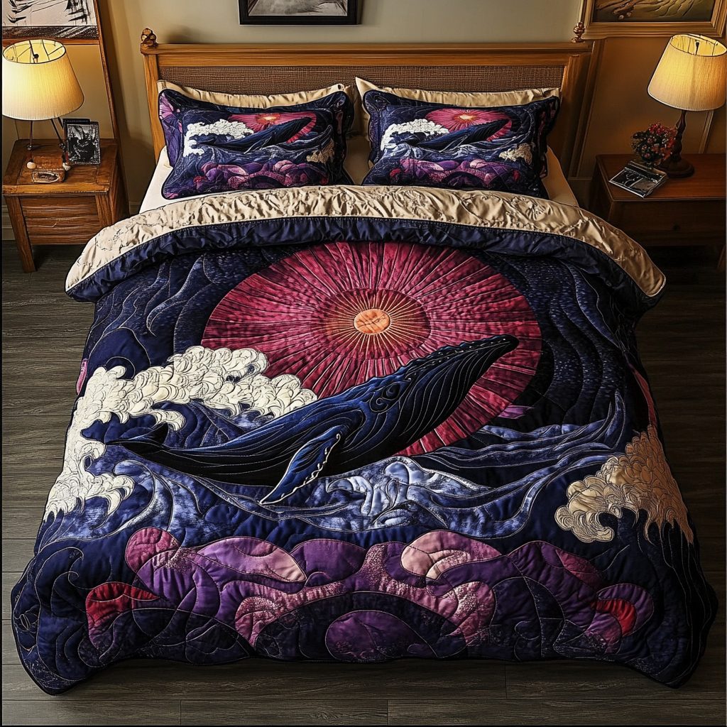 Giant Whale quilted 3-piece bedding set on a made bed in a light coastal bedroom