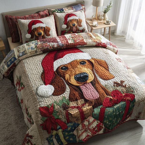 Gift Dachshund Fun quilted 3-piece bedding set on a made bed with two matching pillow shams