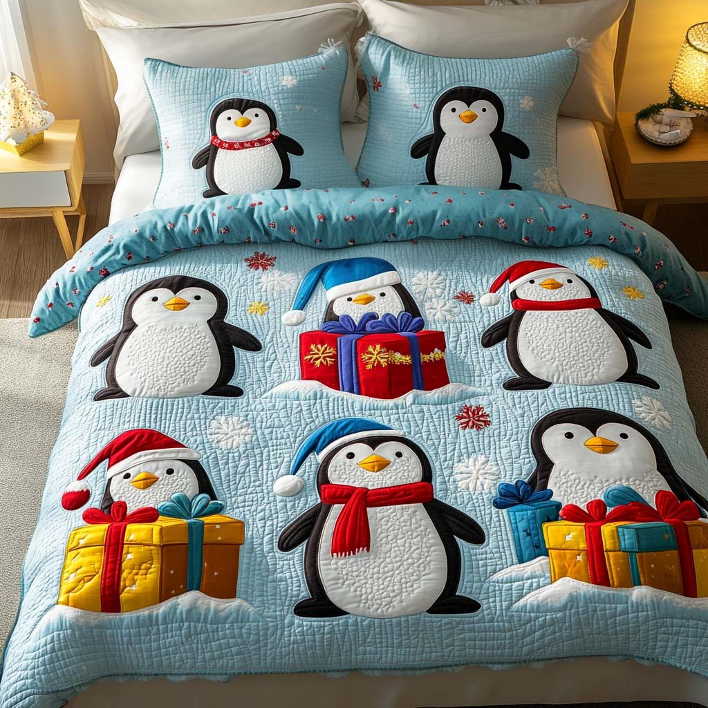 Gift Delight quilted 3-piece bedding set on a made bed with two matching pillow shams