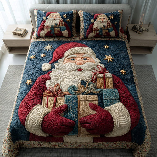 Gifting Santa Claus quilted 3-piece bedding set on a made bed in a winter-styled bedroom