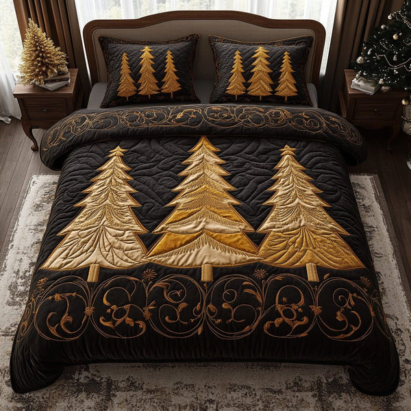 Gilded Forest quilted 3-piece bedding set on a made bed with two matching pillow shams