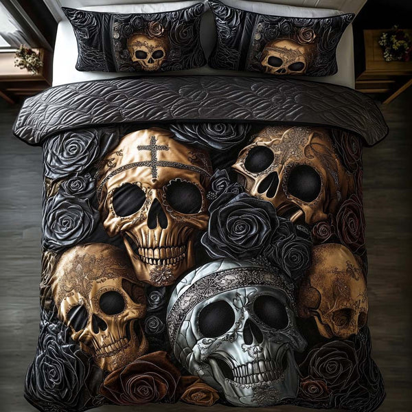 Gilded Grins quilted 3-piece bedding set on a made bed with two matching pillow shams