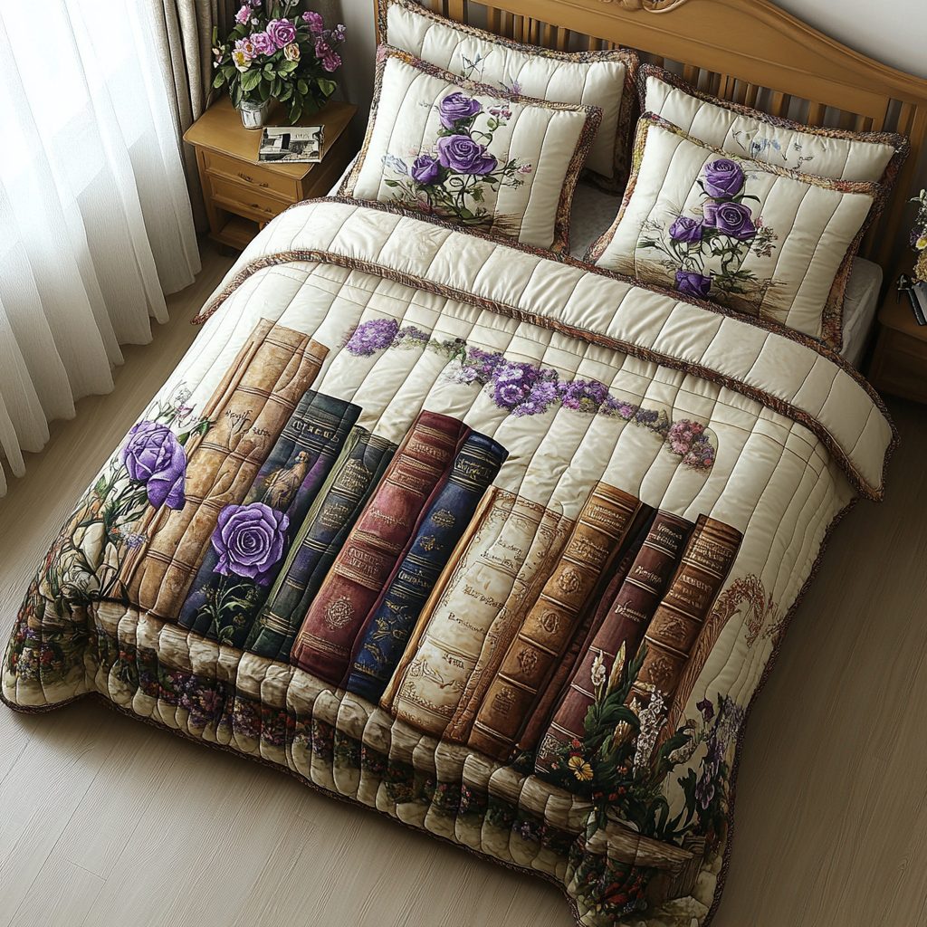 Gilded Pages quilted 3-piece bedding set on a made bed with two matching pillow shams