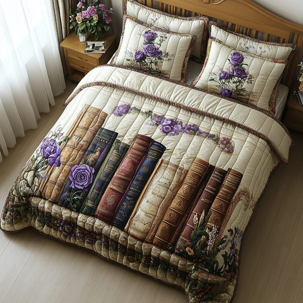 Gilded Pages quilted 3-piece bedding set on a made bed with two matching pillow shams
