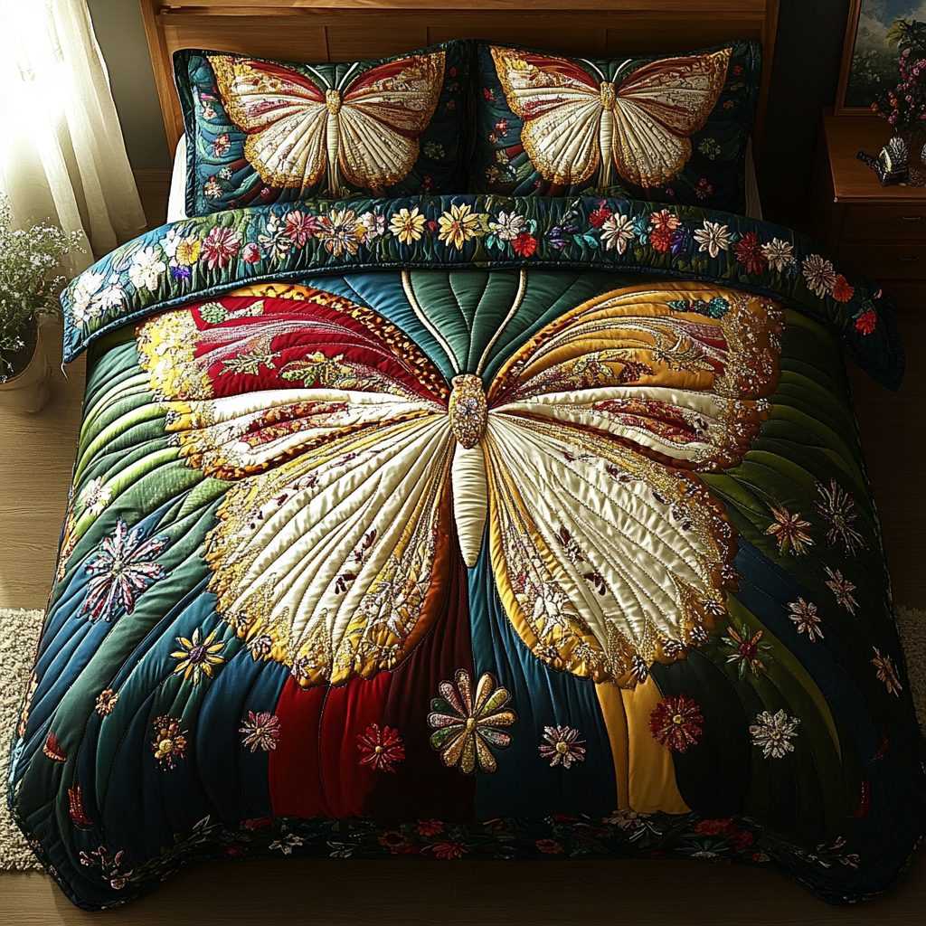 Gilded Wings quilted 3-piece bedding set on a made bed with two matching pillow shams