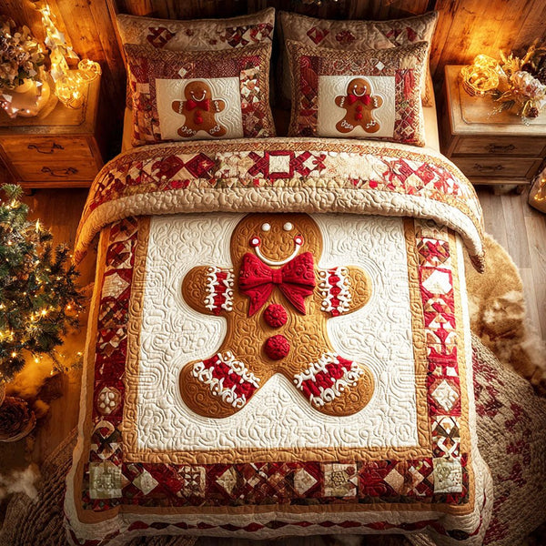 Ginger Joy quilted 3-piece bedding set on a made bed with two matching pillow shams