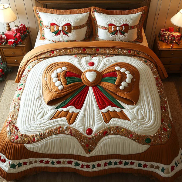 Gingerbread Bow quilted 3-piece bedding set on a made bed in a winter-styled bedroom