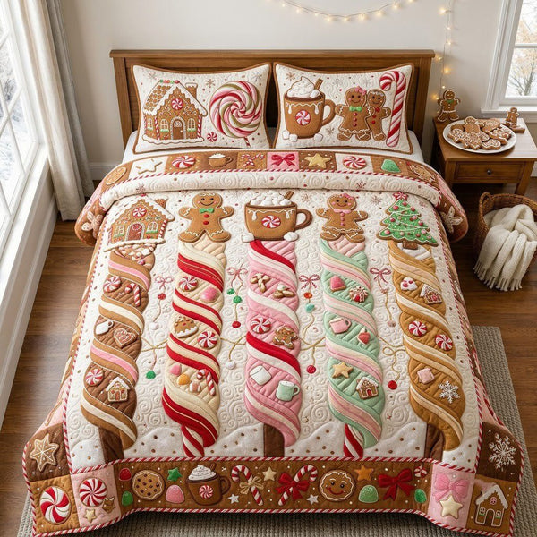 Gingerbread Candy Twist quilted 3-piece bedding set on a made bed in a winter-styled bedroom