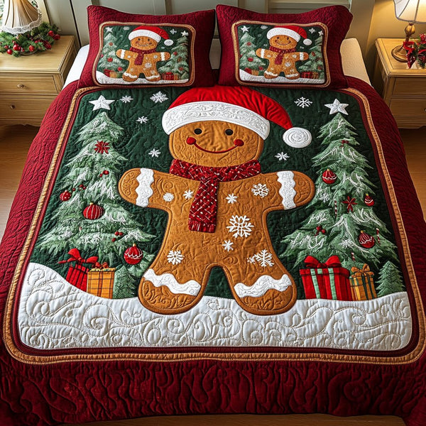 Gingerbread Cheer quilted 3-piece bedding set on a made bed in a winter-styled bedroom